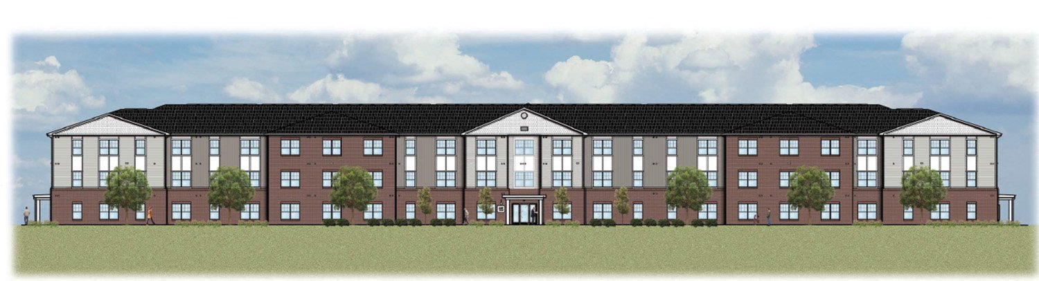 a rendering of a brick building with trees in front of it